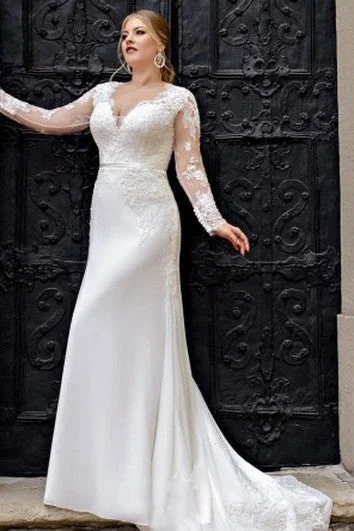 Evening Looks Romantic Satin A Line Floor-length Train Long Sleeve Wedding Dress with Appliques