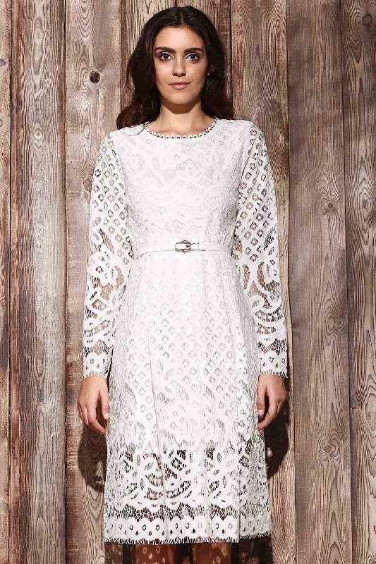 Mid - Week Surprise TastyHottie - Lace Round Neck Long Sleeve A Line Dress