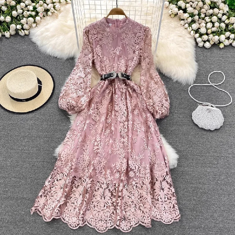 Spring Wardrobe lantern long sleeves lace A-line long skirt embroidery dress        S4181