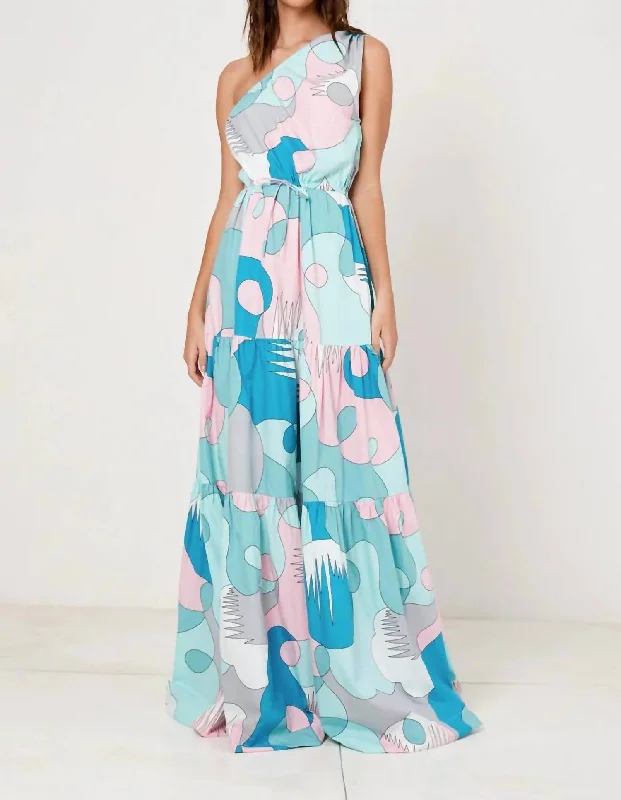 Spring Fashion One Shoulder Tiered Maxi Dress In Palm Springs