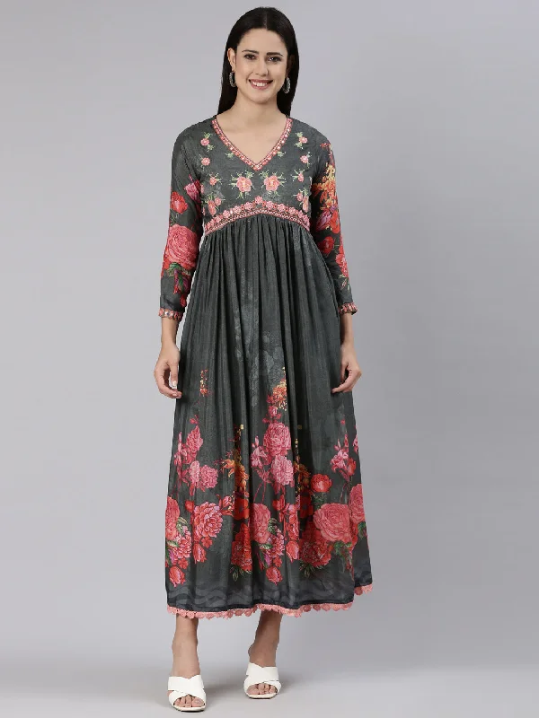 Anniversary Sale Neeru's Grey Straight Casual Floral Dress