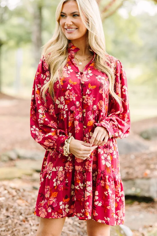 Fashion For Every Occasion On The Right Track Burgundy Red Floral Babydoll Dress