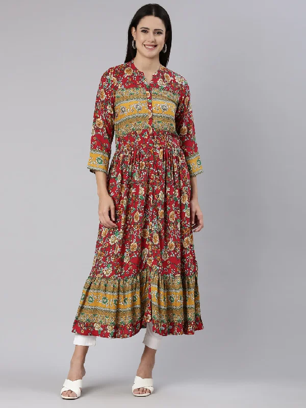 Elevate Your Wardrobe Neeru's Red Straight Casual Floral Dress