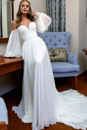 Flash Deals Romantic Off-the-shoulder A Line Floor-length Court Train Long Sleeve Wedding Dress