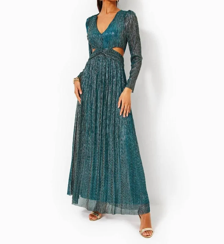 Last Chance Sale Latrice Long Sleeve Maxi Dress In Blue Rhapsody Metallic Knit Crinkle