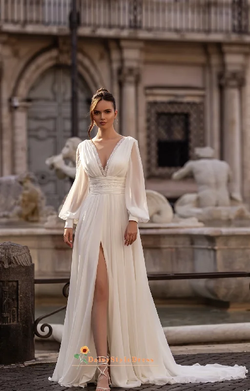 Seasonal Trends Long Sleeve Slit Skirt Wedding Dress