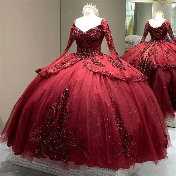 Last Chance Sale Burgundy Sparkly Quinceanera Dresses Long Sleeve Lace-up Corset Flowers Sequins Princess Sweet 15 Ball Gown Y5388