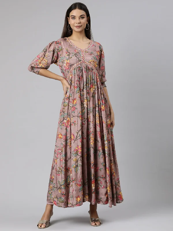 Evening Elegance Neeru's Pink Flared Casual Floral Dresses