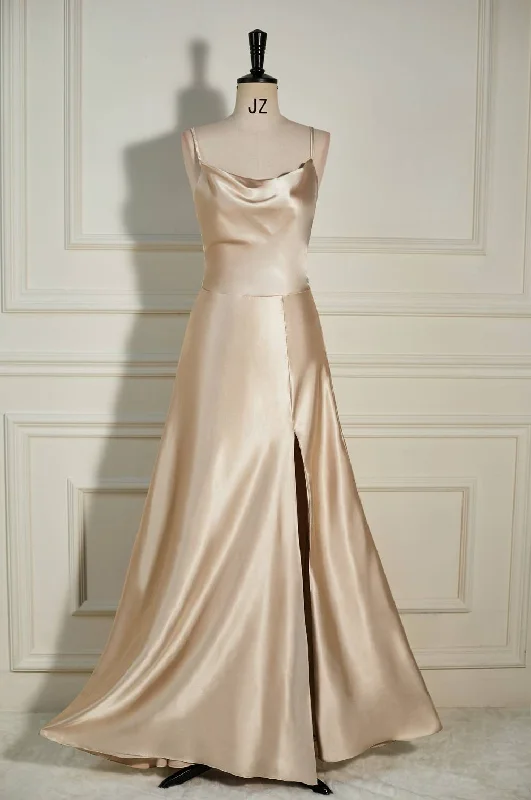 Clearance Event Champagne Cowl Neck Straps A-line Satin Long Dress with Slit