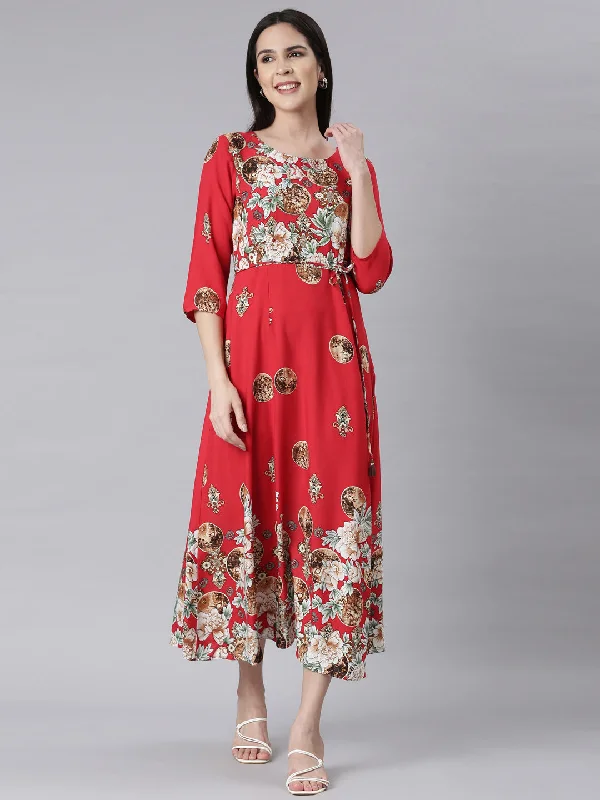 Style Upgrade Neerus Red Curved Casual Floral Maxi Dresses