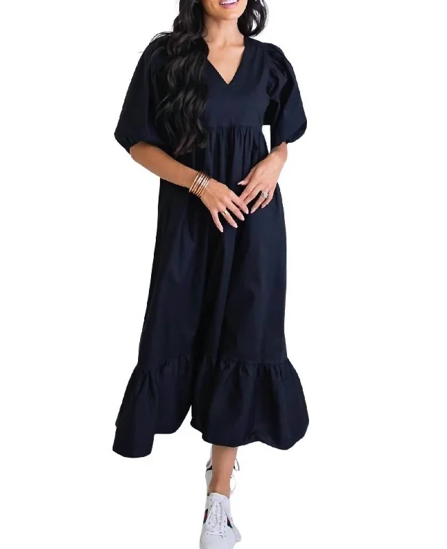 Seasonal Trends Solid Poplin V-Neck Maxi Dress In Black