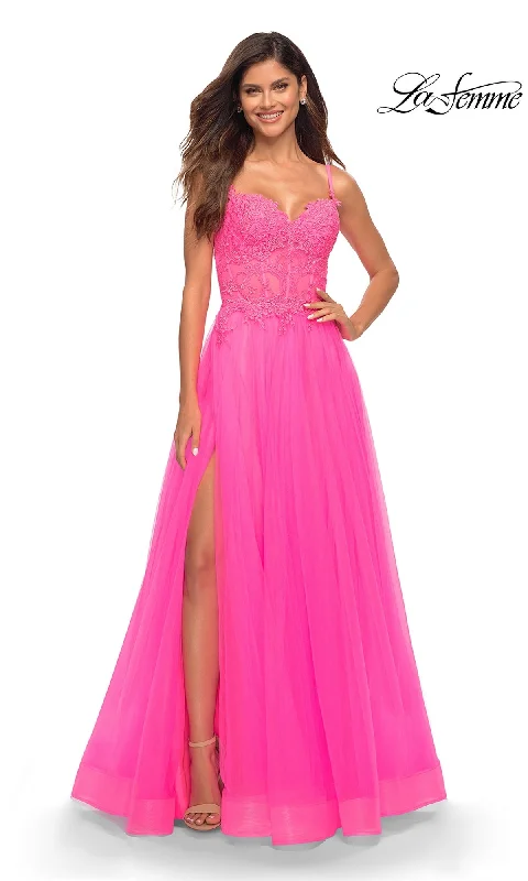 First Order Discount La Femme Neon Pink Long Ball Gown with Lace