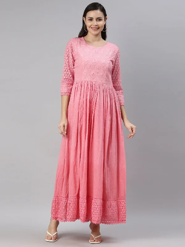 Stylish Looks Neerus Pink Floral Embroidered Ethnic Maxi Dress