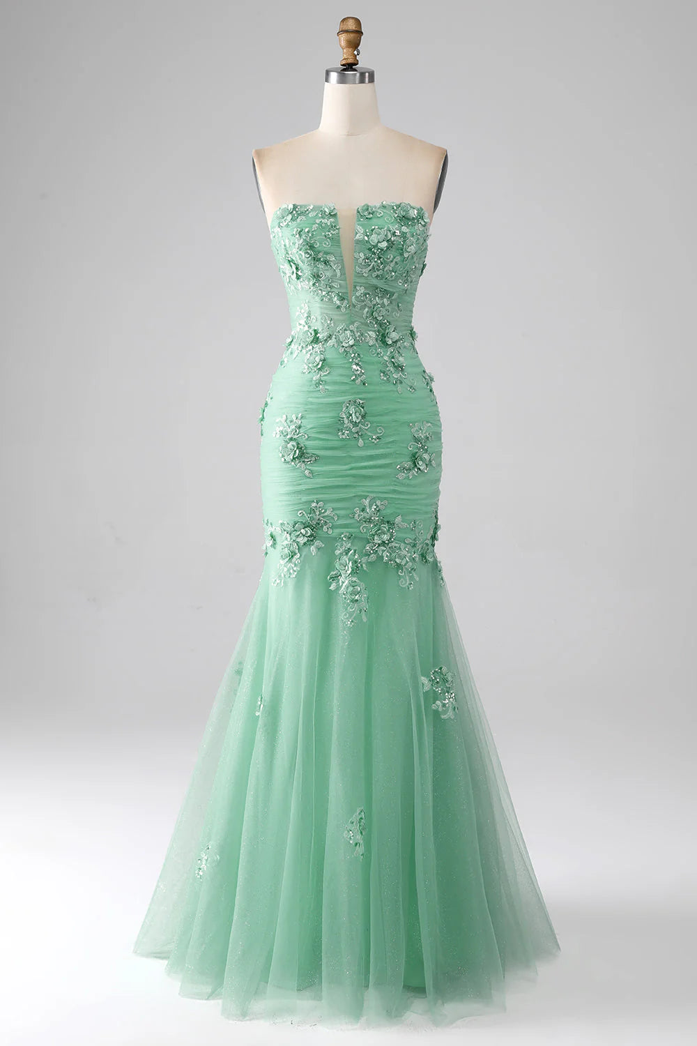 Summer Fashion Amzcw Green Mermaid Strapless Tulle Long Prom Dress with Appliques prom dresses with long sleeves