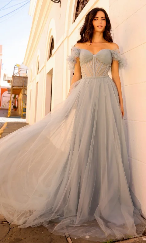 Hot Styles Dusty Blue Off-the-Shoulder Long Prom Gown Y1474