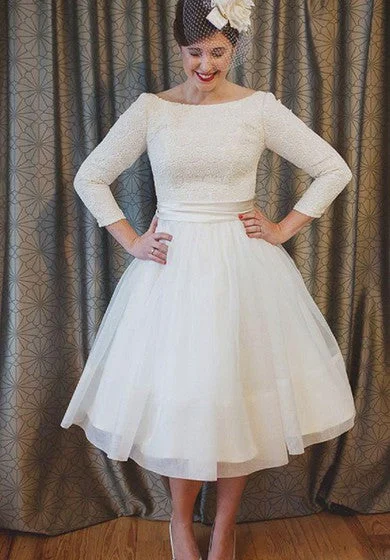 Seasonal Sale Plus Size Tea Length Lace and Organza Wedding Dresses with 3-4 Long Sleeves