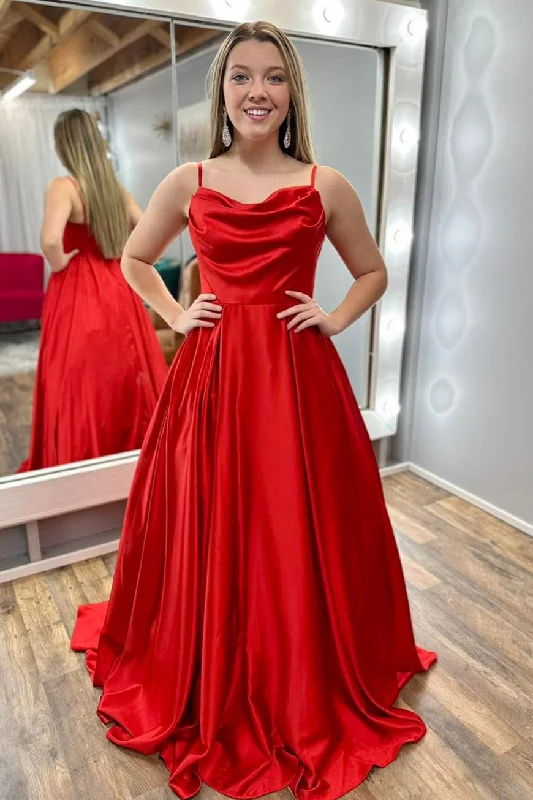 End Of Season Sale Red Satin Cowl Neck Spaghetti Straps A-line Long Prom Dress