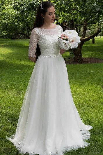 Limited-Time Offer Half Sleeve Lace and Tulle Dress With Bateau Neckline and Illusion Back