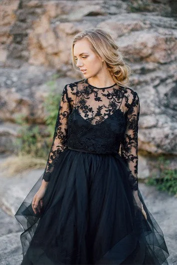 Last Chance Sale A-Line  Black Wedding Dress Scoop Long Sleeve Button Illusion Back With Appliques Lace Pleats Sash/Ribbon