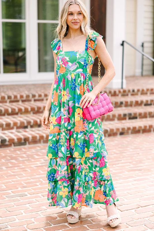 Chic Outfits Let's Get Away Kelly Green Floral Maxi Dress