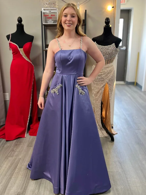 Clearance Event A Line Open Back Purple Satin Long Prom Dresses with Pocket, Beaded Purple Formal Graduation Evening Dresses SP3079