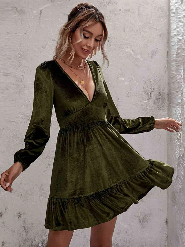 Summer Splash Sale Plunge Long Sleeve Ruffle Hem Velvet Dress