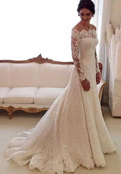 Father'S Day Deals Off-shoulder All Lace A-line Gown With Long Sleeves