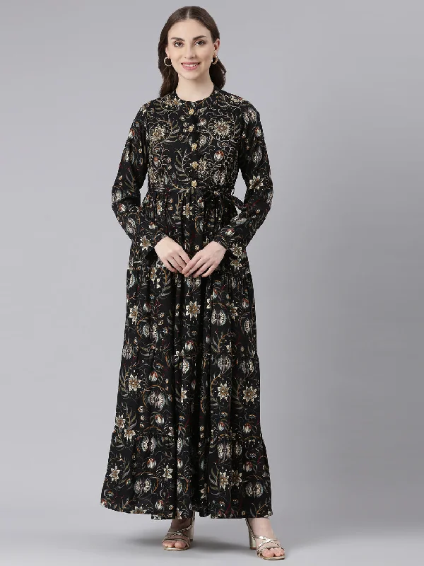 Fashion For Every Occasion Neerus Black Viscose Rayon Curved Casual Floral Maxi Dresses.