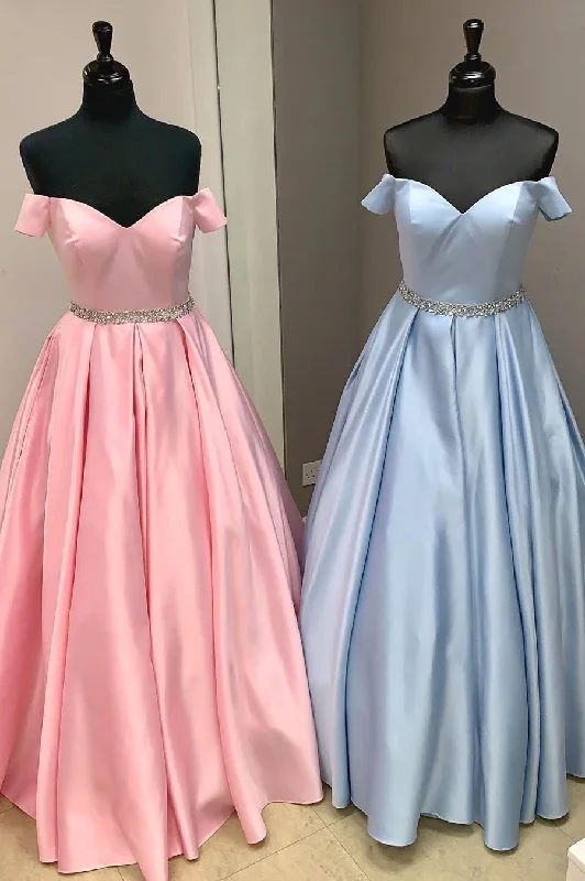 Stylish Spring Fashion Elegant Off the Shoulder Satin Beaded Long Prom Dress