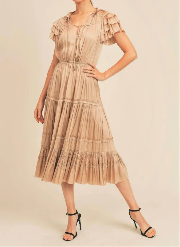 Evening Looks Short Sleeve Ruffle Midi Dress In Gold