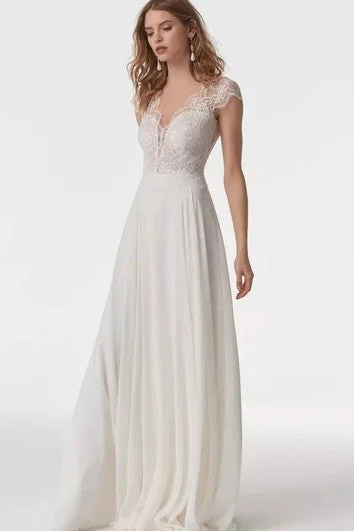 Feminine Soft - Hued Styles Elegant A Line Chiffon Long Sleeve Illusion Cap Wedding Dress with Lace