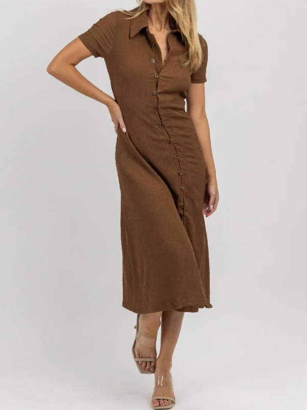 Feminine Soft - Hued Styles Asymmetrical Button Midi Dress In Brown