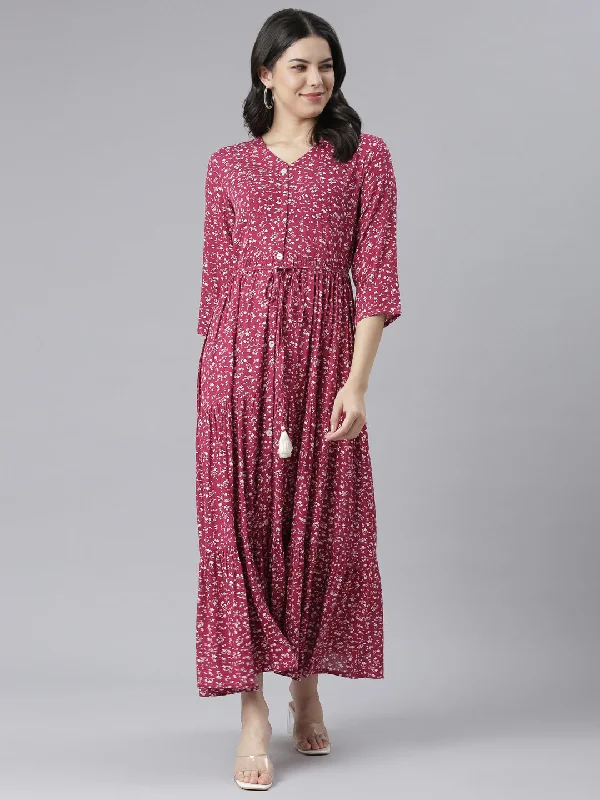 Latest Fashion Neeru's Magenta Straight Casual Floral Dresses