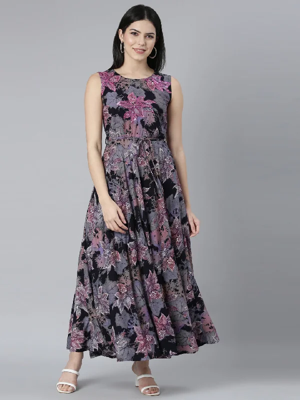 Exclusive Sale Neerus Grey Casual Floral Fit and Flare Dresses