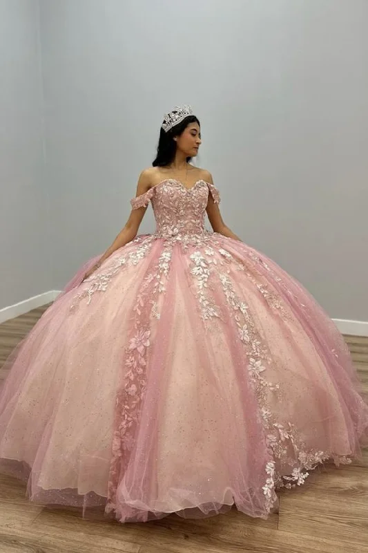 Wardrobe Update Off The Shoulder Pink Tulle Appliques Ball Gown Quinceanera Dress Y5882