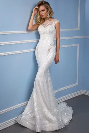 Season Sale Trumpet Appliqued Scoop-Neck Sleeveless Long Lace Wedding Dress With Sequins And Illusion