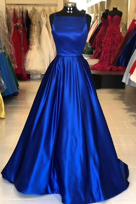 Fashion Sale Hollow Out Royal Blue Satin Long Prom Dress