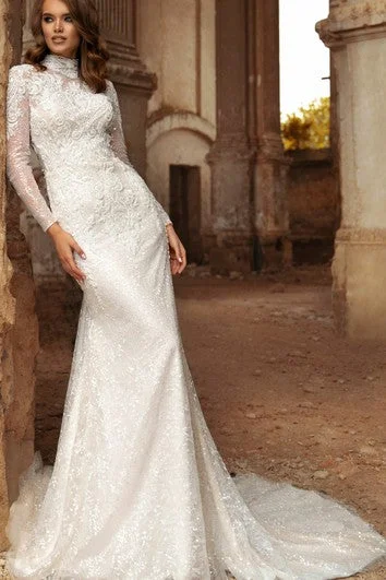 Fashion Sale Modern Sheath High Neck Floor-length Long Sleeve Lace Wedding Dress with Appliques