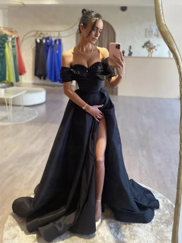 Fashion-Forward Off Shoulder Black Satin Long Prom Dresses with High Slit, Black Formal Dresses with Sequins Top, Black Evening Dresses SP2834