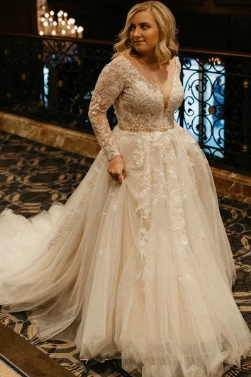 Summer Fashion Elegant A Line Lace Brush Train Long Sleeve Backless Wedding Dress with Appliques