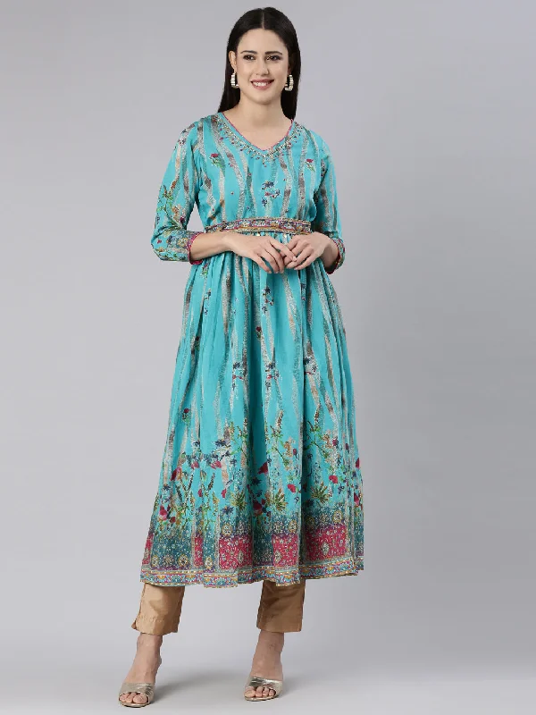 Season Sale Neeru's Blue Straight Casual Floral Dress