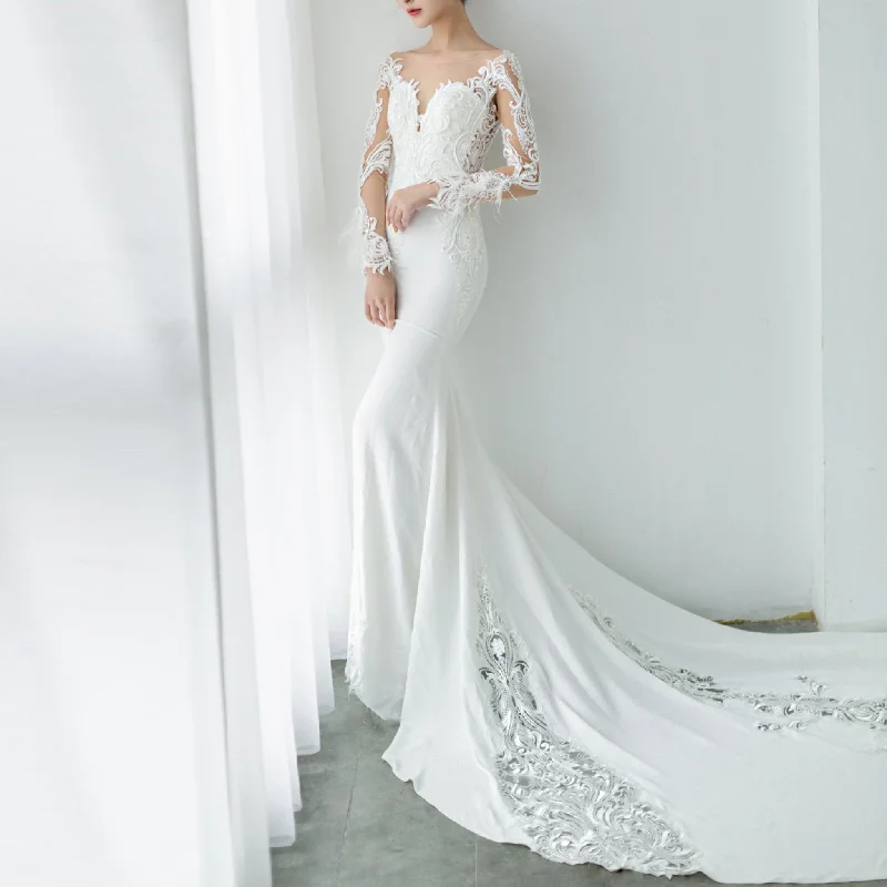 Great Prices On Feminine Styles Sheath Mermaid & Fit Flare Wedding Dress with Long Sleeves