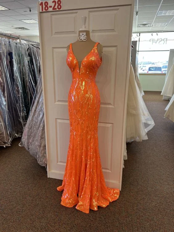 Fashion Sale Orange Sequins Mermaid V-neck Long Prom Dress,Elegant Evening Dress,Orange Formal Gown Y1714