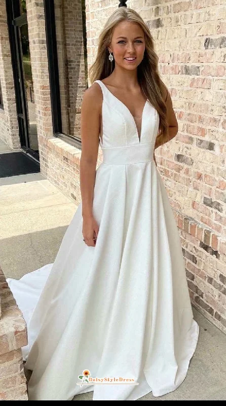 Spring Fashion A line V-neck Crepe Wedding Dress