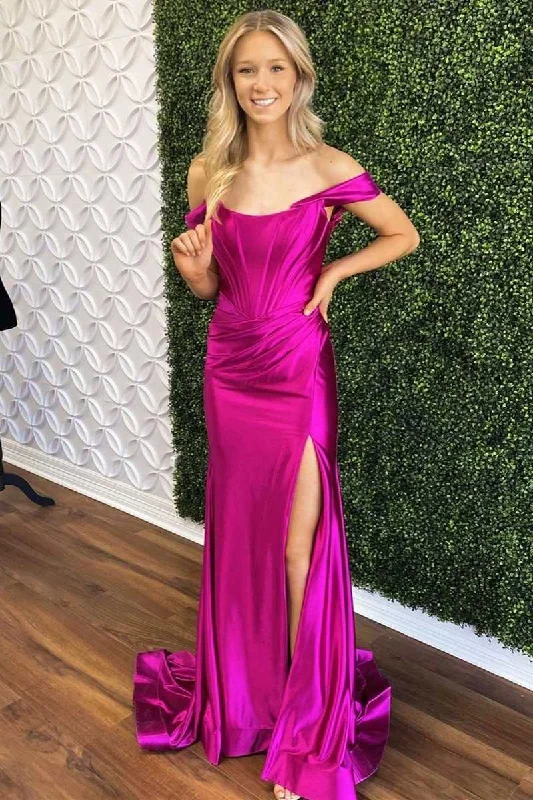 Last Chance Sale Magenta Satin Off-the-Shoulder Mermaid Long Formal Dress with Slit