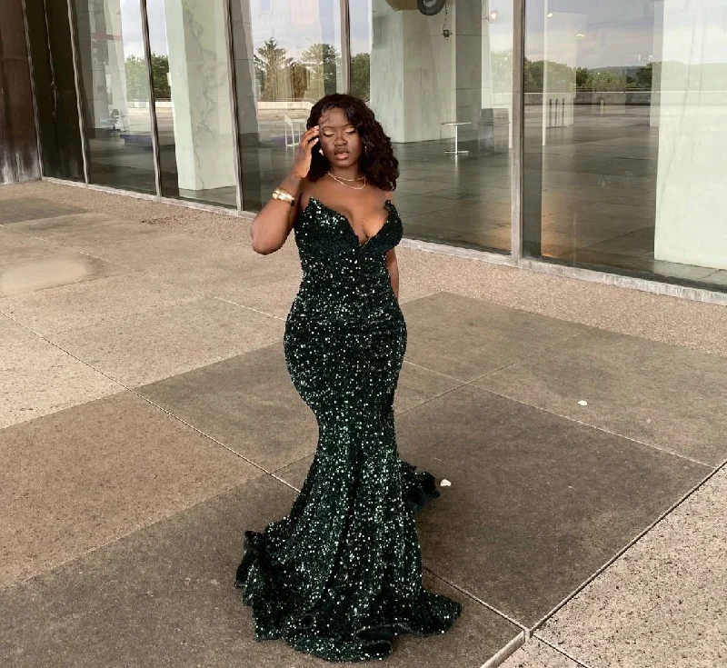 Clearance Event Sexy Mermaid Glitter Prom Dress Long Evening Gowns Dark Green Women Formal Dresses Y4329