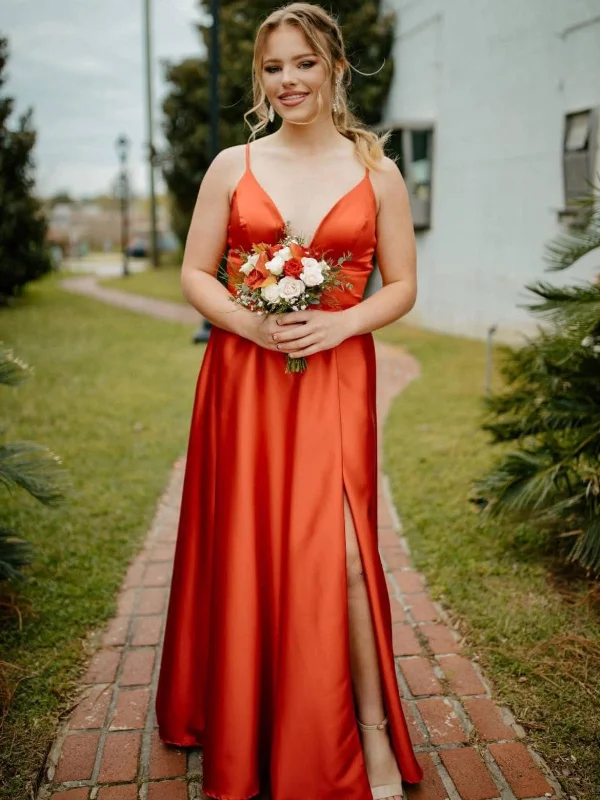 Limited Time Deal A Line V Neck Open Back Orange Satin Long Prom Dresses, High Slit Orange Formal Graduation Evening Dresses SP3095