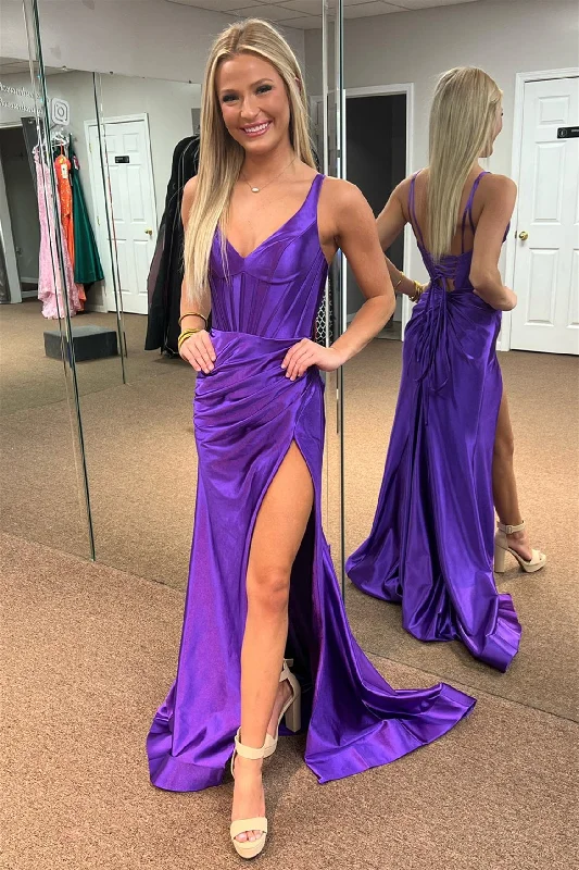 Summer Splash Sale Purple Mermaid Satin V Neck Long Prom Dress with Slit