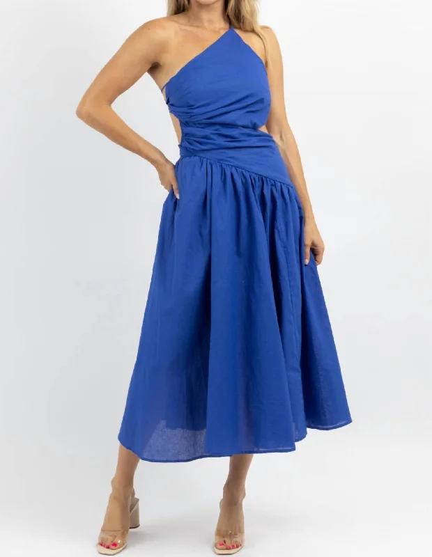 Stylish Savings Asymmetric Ruche Midi Dress In Deep Waters