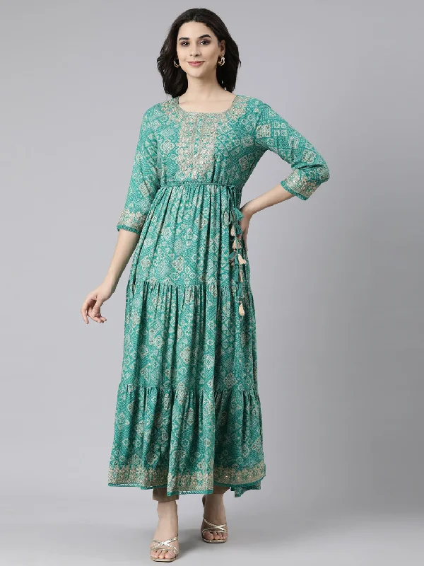 Fashion-Forward Outfits Neerus Green Flared Casual Floral Fit and Flare Dresses